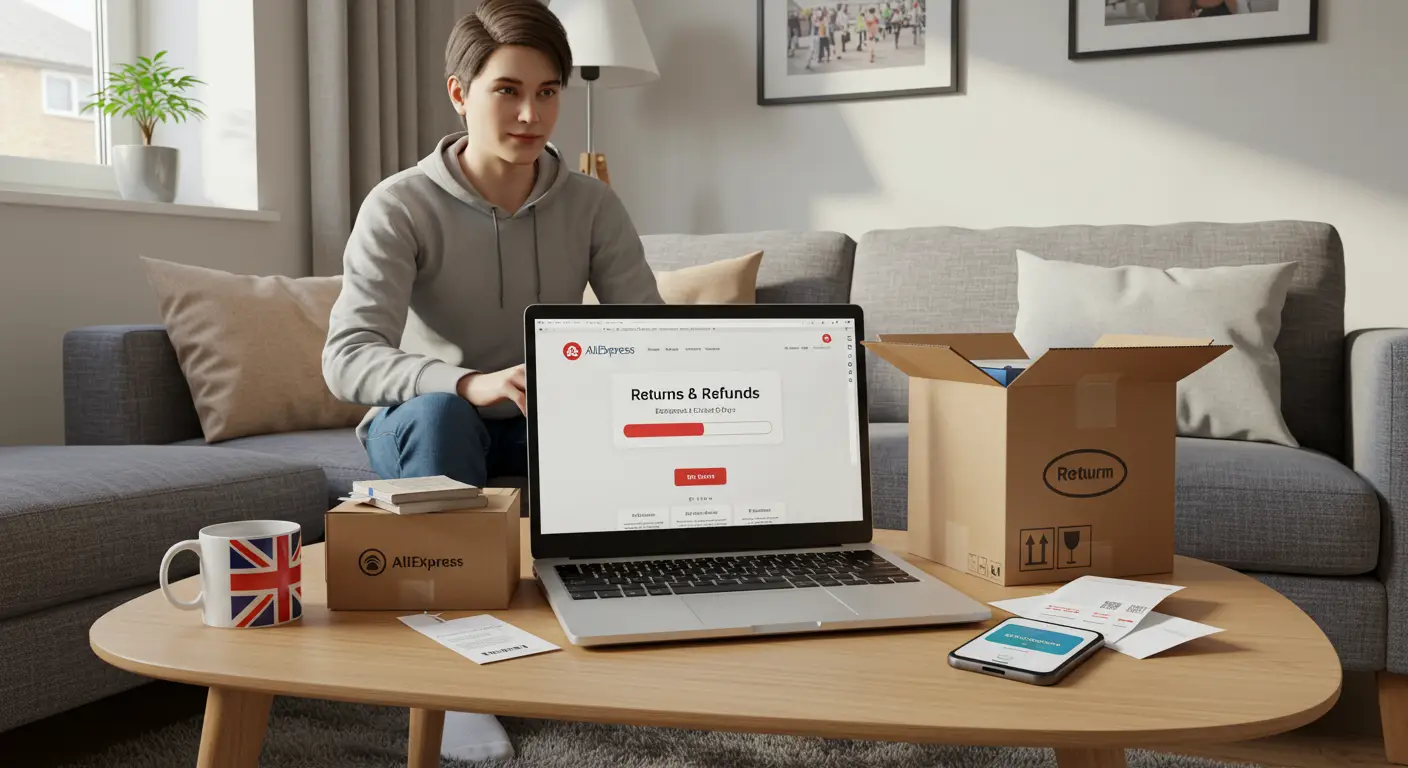 A person checking their laptop for a refund status on the AliExpress website, with a UK flag and a credit card visible on the table.