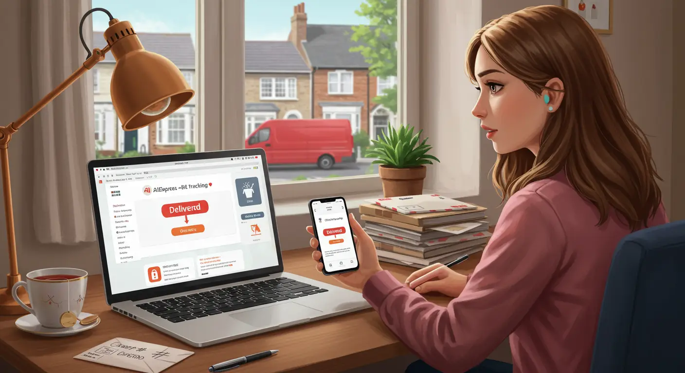 A person checking their phone with a confused expression, looking at an AliExpress app notification that says