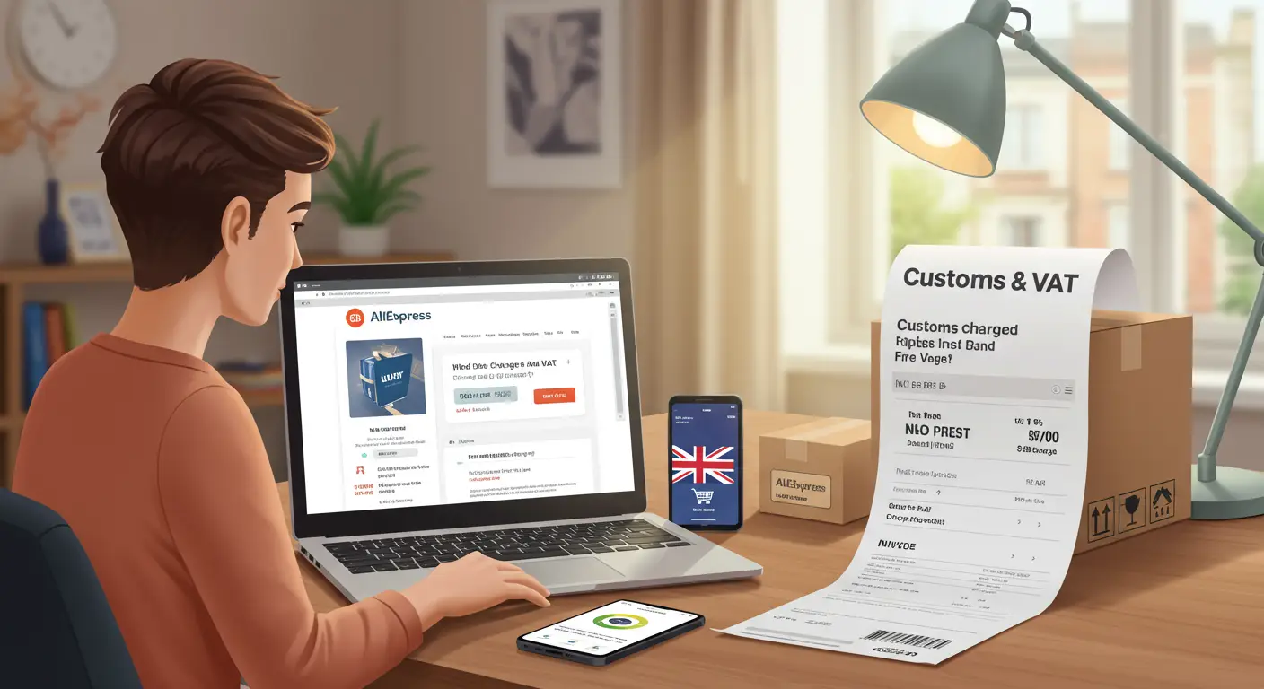 A person checks a parcel delivered from AliExpress while holding a customs charges notice in their hand, with a laptop displaying the AliExpress website in the background.