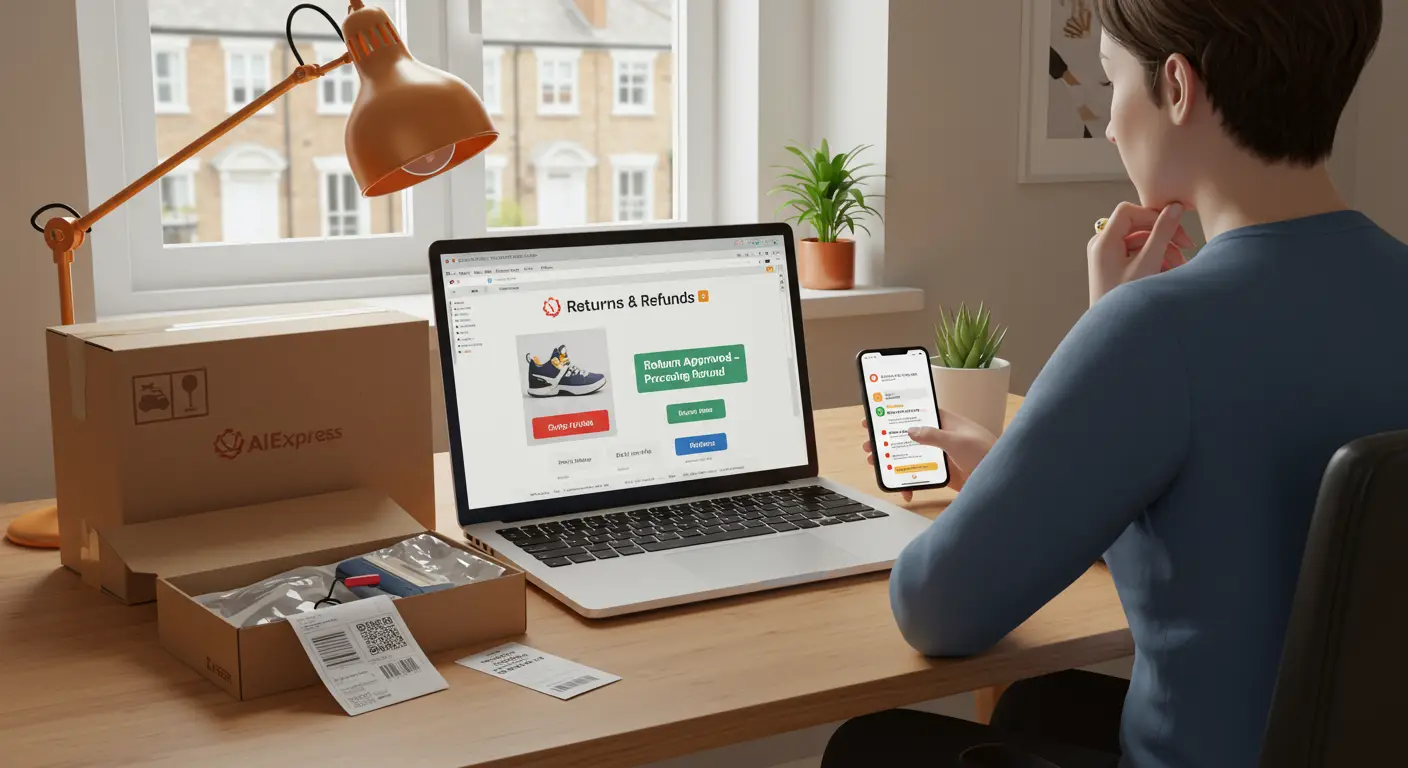 A person checks their laptop for an AliExpress order update, with a visible