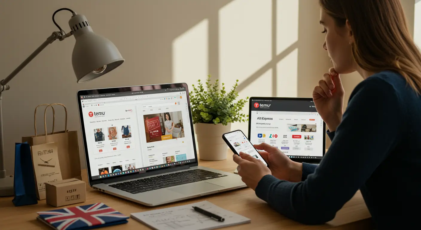 A person compares prices on a laptop screen displaying the Temu and AliExpress websites, with shopping bags and a credit card nearby.
