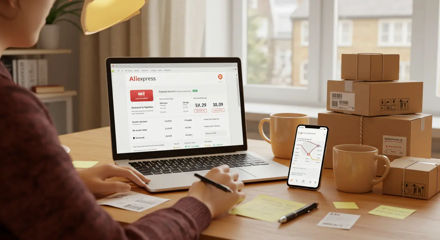 A person comparing different shipping options on the AliExpress checkout page using a laptop, with delivery times and costs visible on the screen.