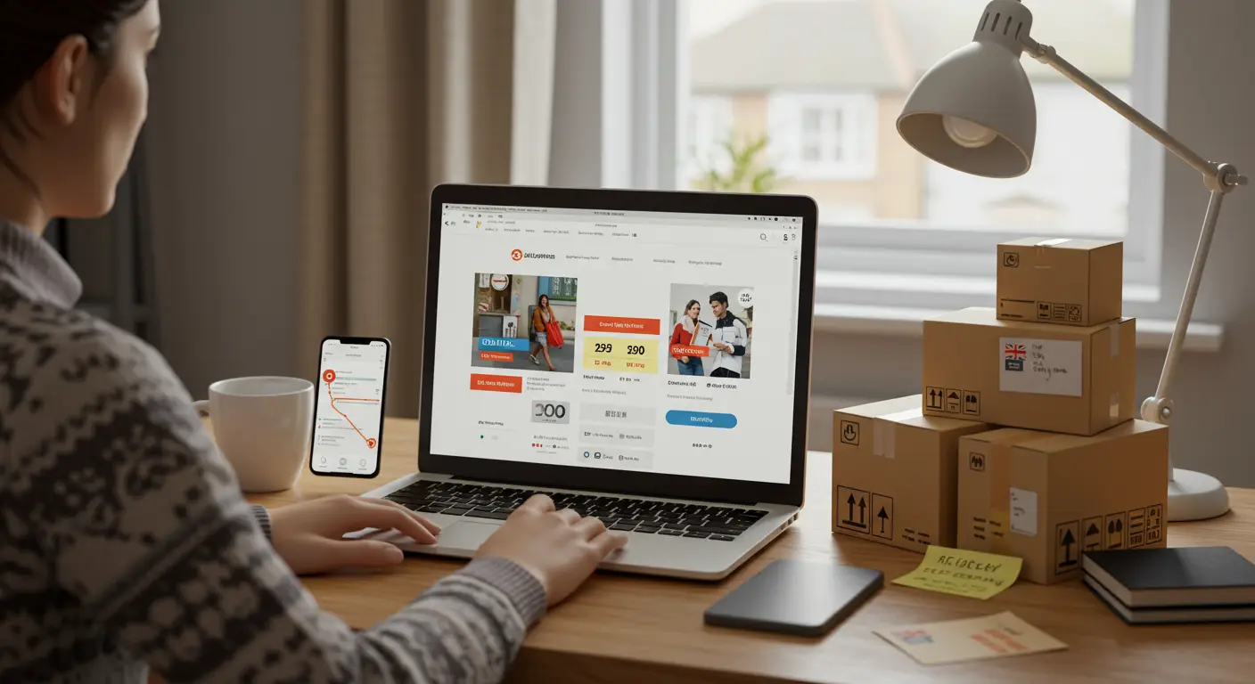 A person comparing different shipping options on the AliExpress website using a laptop, with icons representing various delivery speeds and costs.