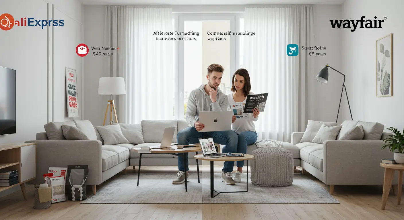 A person comparing furniture on the AliExpress and Wayfair websites, with both screens displaying sofas and home décor items.