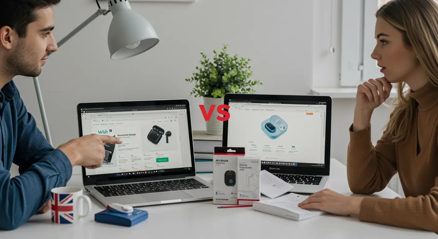 A person comparing product prices on the Wish and AliExpress apps using a smartphone, with shopping bags and a laptop in the background.