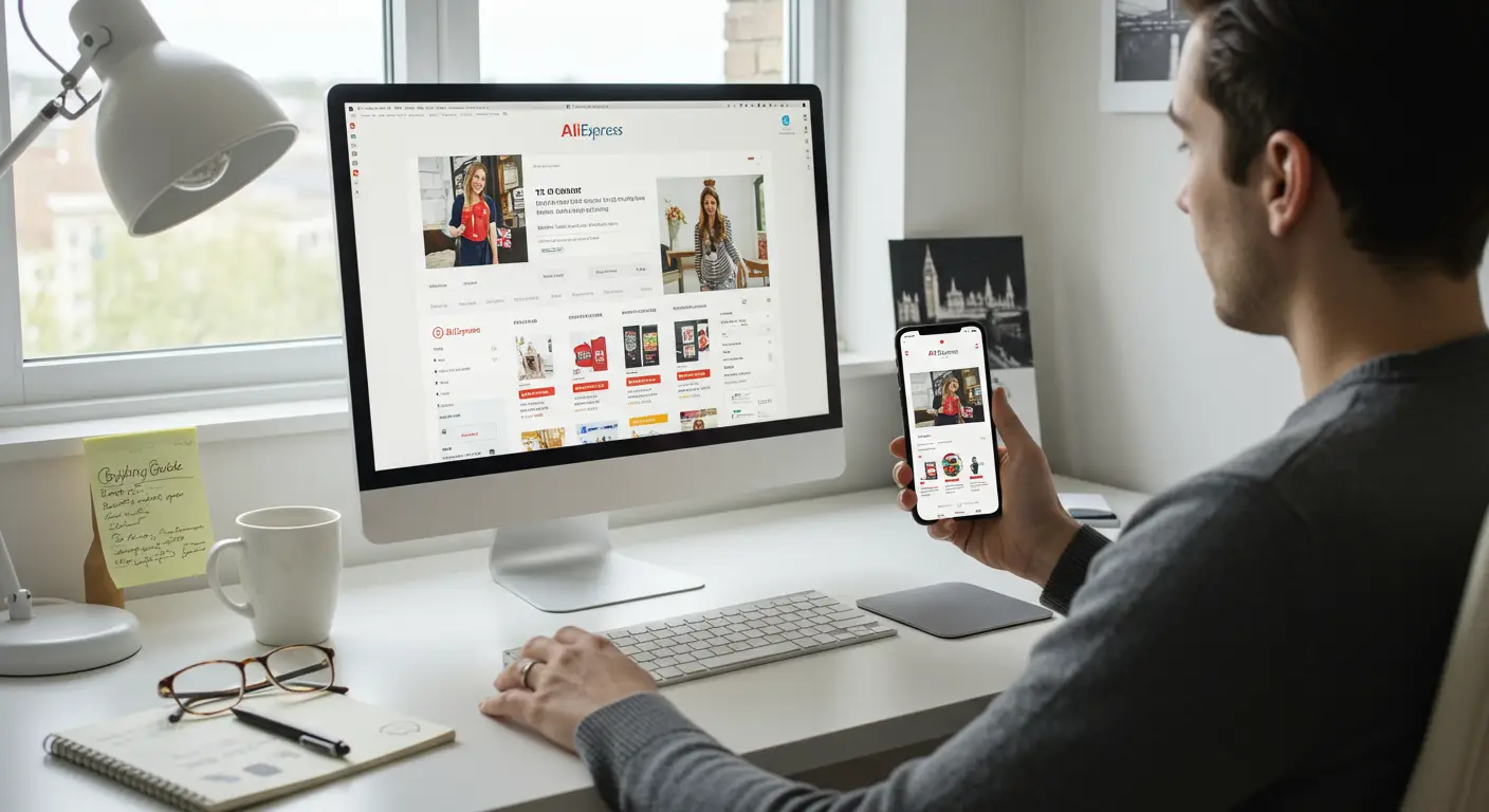 A person comparing the AliExpress website on a desktop computer with the AliExpress mobile app on a smartphone, both showing shopping items.