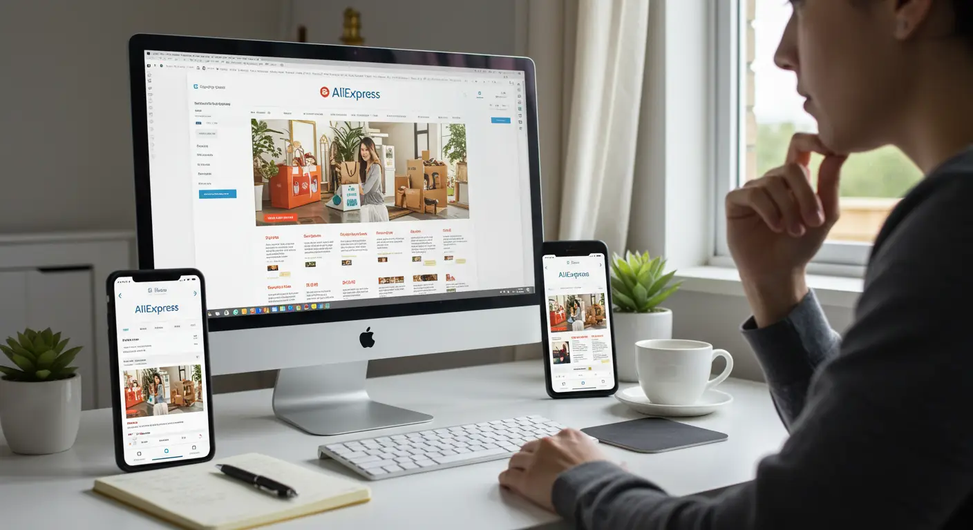A person comparing the AliExpress website on a desktop screen and the AliExpress app on a smartphone, deciding which platform to use for online shopping.
