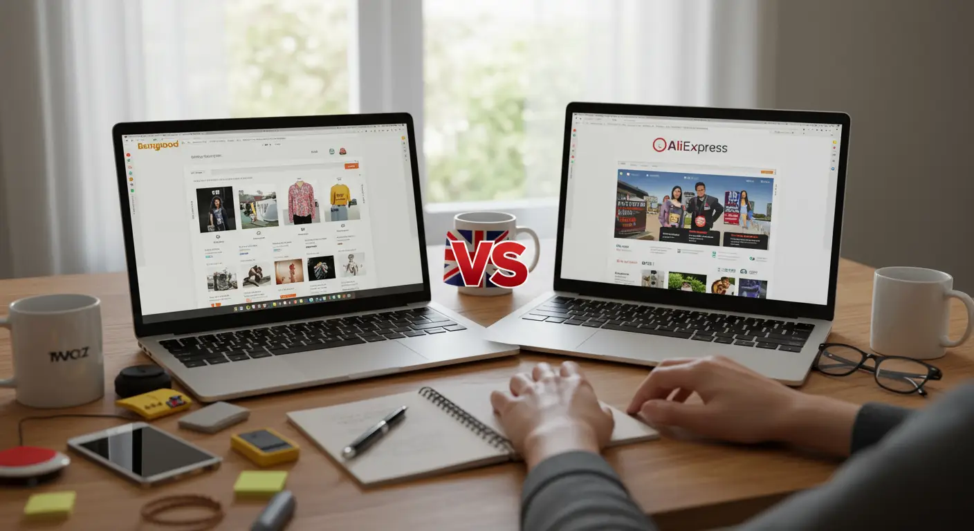 A person comparing the Banggood and AliExpress websites side by side on a laptop screen, with shopping items and credit card visible on the desk.