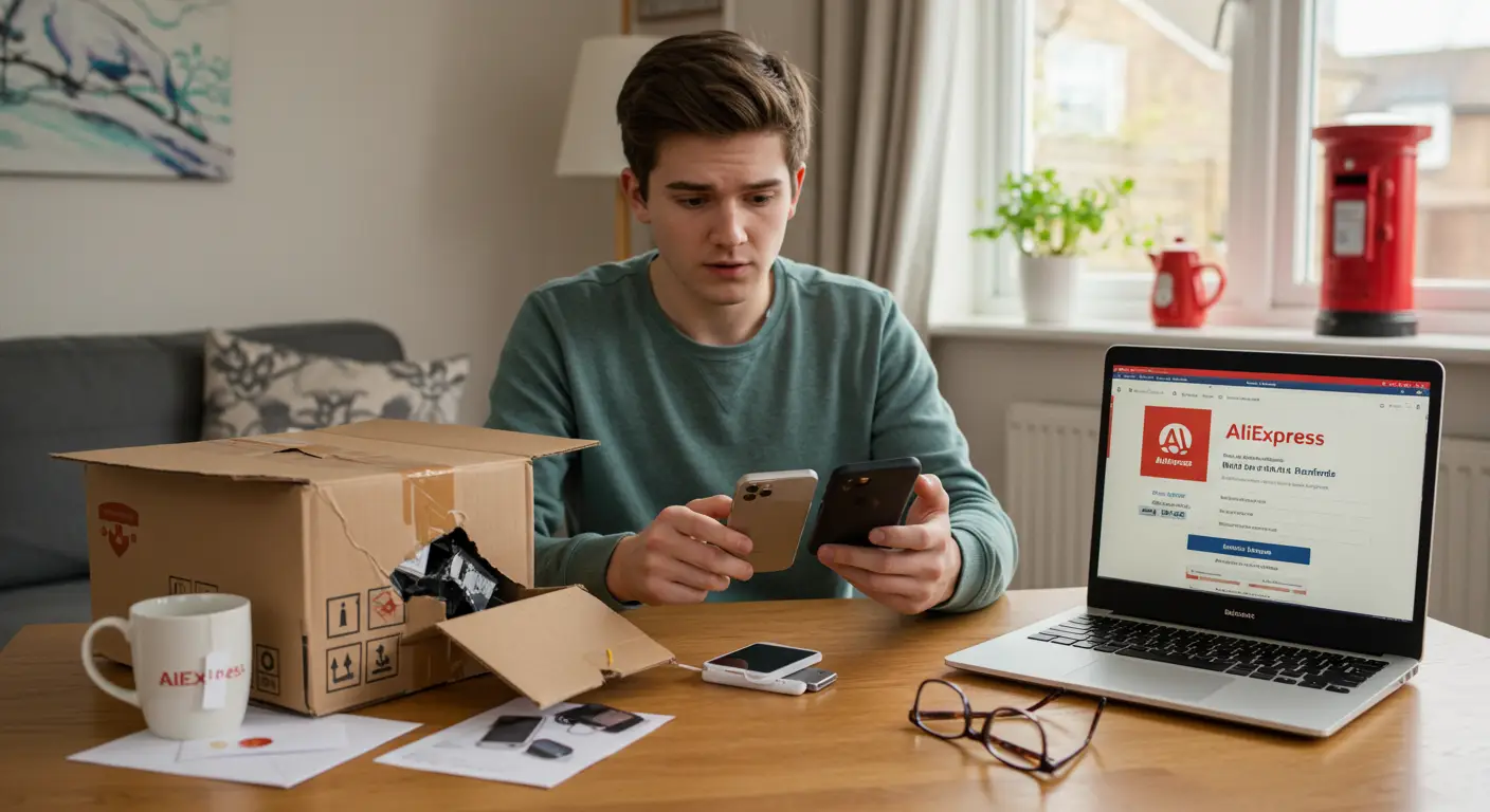 A person examines a damaged parcel with a torn box and broken item inside, while holding a smartphone open to the AliExpress app, representing an online shopping issue in the UK.