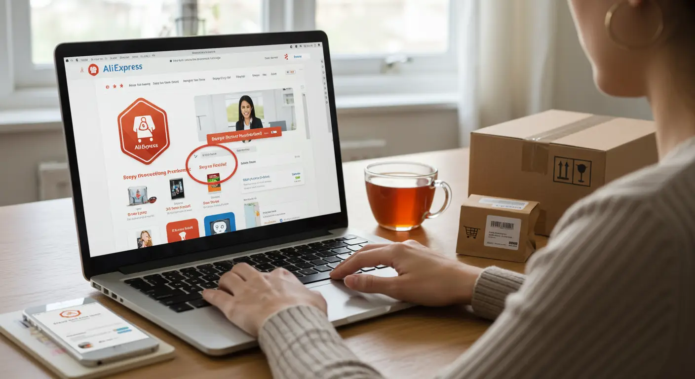 A person holding a credit card and using a laptop to shop on AliExpress, with icons representing buyer protection features such as secure payment and guaranteed refunds.