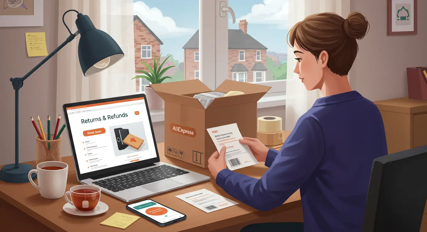 A person holding a parcel and a smartphone, preparing to return an item ordered from AliExpress in the UK, with the AliExpress website open on the screen.