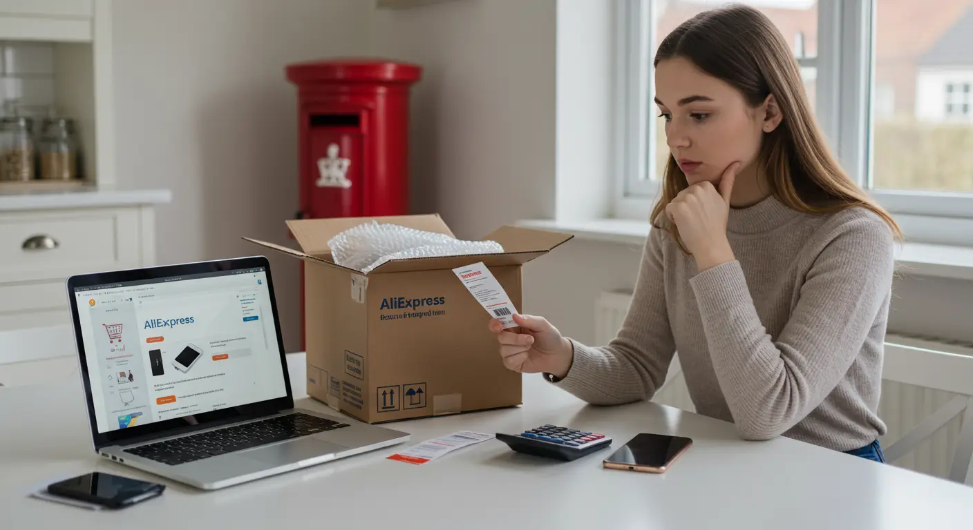 A person holding a parcel and checking return instructions on a laptop while shopping on AliExpress in the UK.