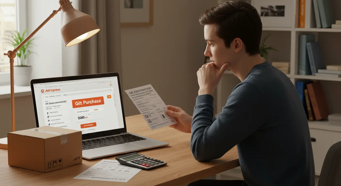 A person holding a small parcel with an AliExpress logo, surrounded by question marks and a UK flag, symbolising uncertainty about paying import tax on gifts received from AliExpress.