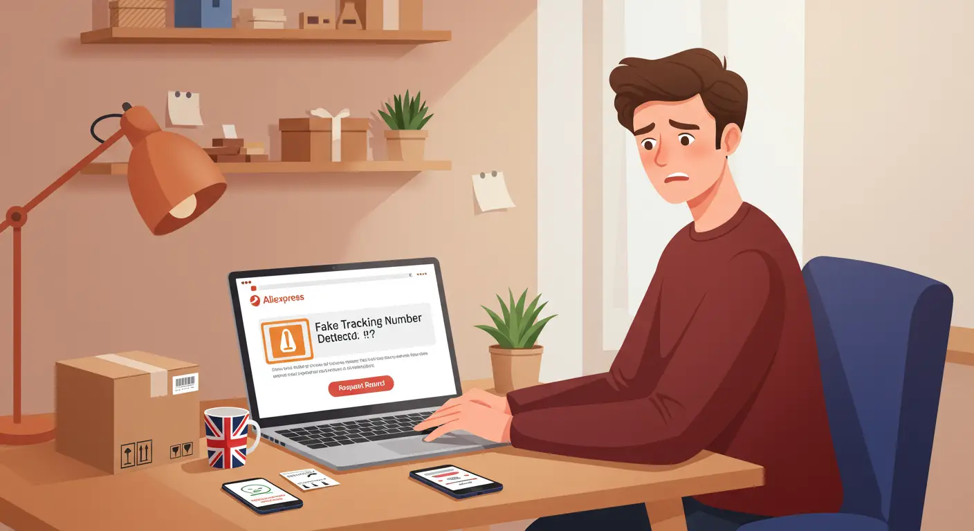 A person holding a smartphone displaying the AliExpress app order page, with a magnifying glass highlighting a suspicious tracking number.