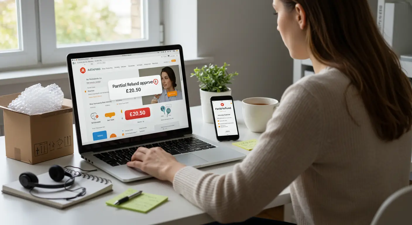 A person holding a smartphone displaying the AliExpress app, with a partial refund notification and shopping cart icon visible on the screen.