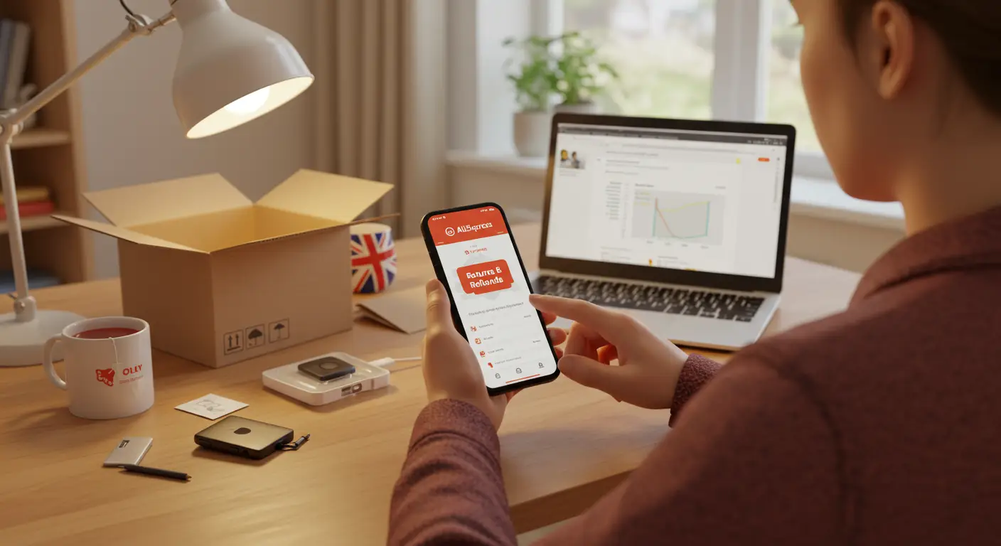 A person holding a smartphone displaying the AliExpress app's order details page, with a