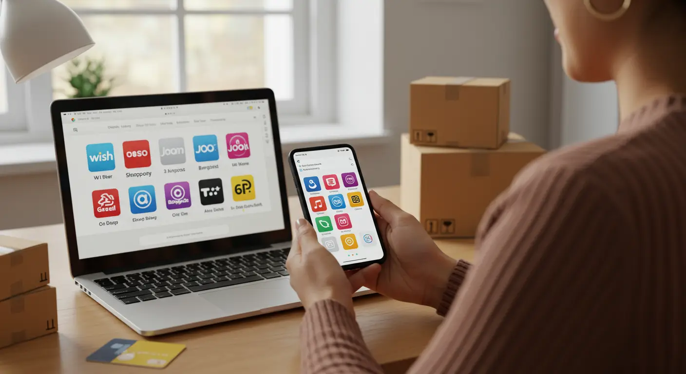 A person holding a smartphone displaying various shopping app icons, with a laptop and shopping bags in the background, representing convenient online shopping alternatives to AliExpress.