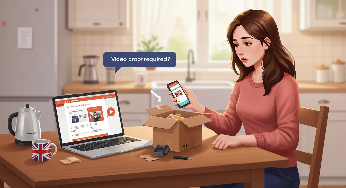 A person holding a smartphone displays the AliExpress app, with a parcel and refund request form visible on the screen, highlighting the process of submitting video proof for a refund claim.
