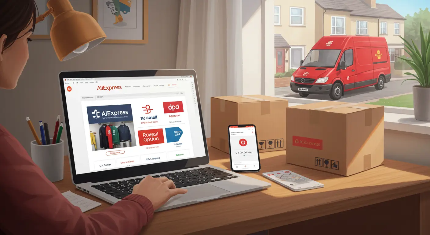 A person holding a smartphone displays the AliExpress app, with parcel delivery icons and UK landmarks like Big Ben in the background, illustrating the process of tracking an online order's courier delivery in the UK.