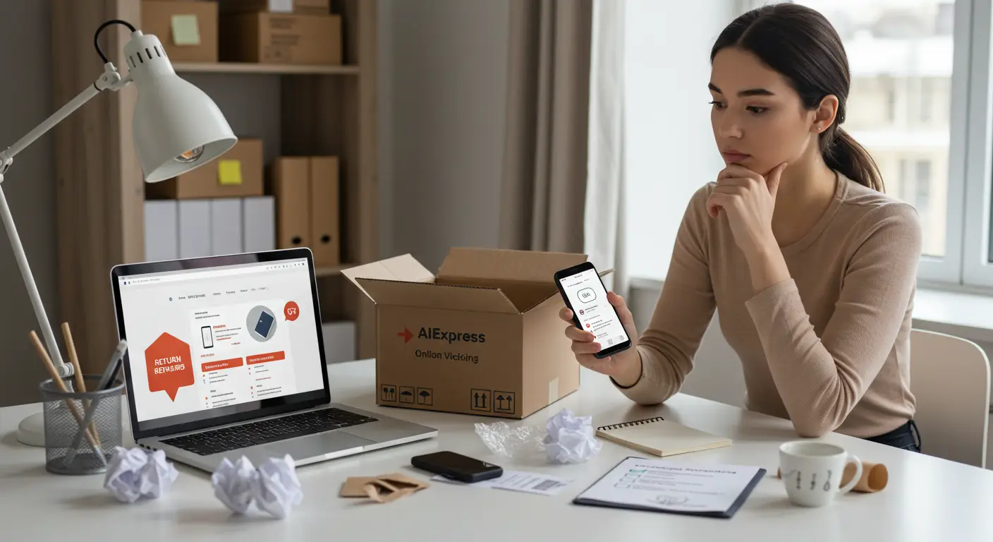 A person holding an open cardboard box and inspecting a product next to a laptop displaying the AliExpress website, suggesting a return process without the original packaging.