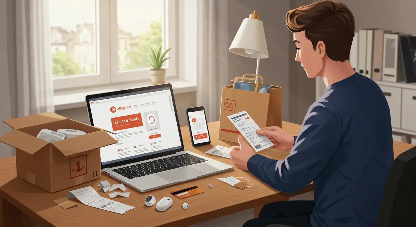A person holds a parcel with an AliExpress logo while checking a return shipping label, with a laptop displaying the AliExpress website in the background.