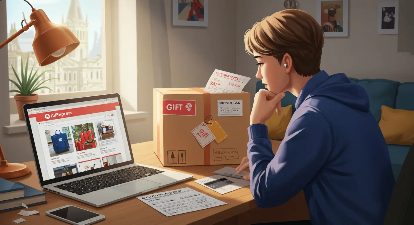 A person holds a small gift box while browsing the AliExpress website on a laptop, highlighting the topic of import taxes on gifts purchased online.