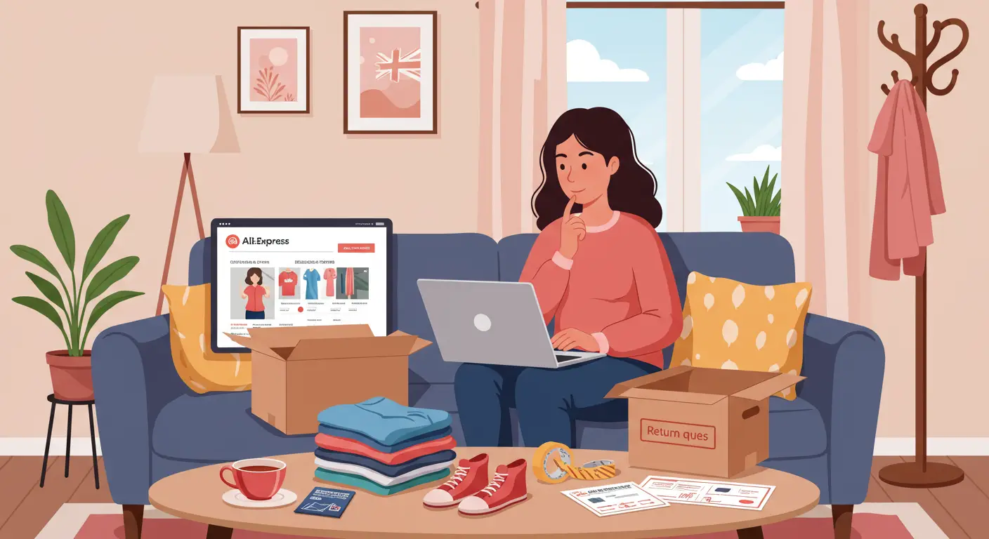 A person is browsing clothing and shoes on the AliExpress website using a laptop, with a return policy information page open on the screen.