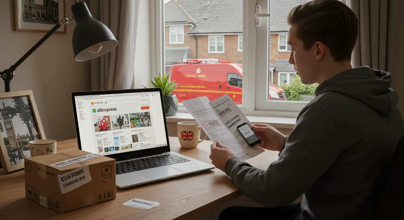A person looking at a laptop screen displaying an Aliexpress order, with a customs charges notification and a worried expression.