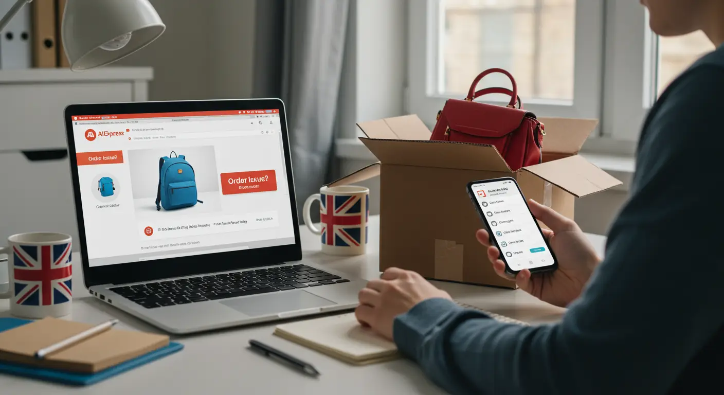 A person looking concerned while holding a smartphone and reviewing an order confirmation screen from AliExpress, with a parcel and a laptop on the table.