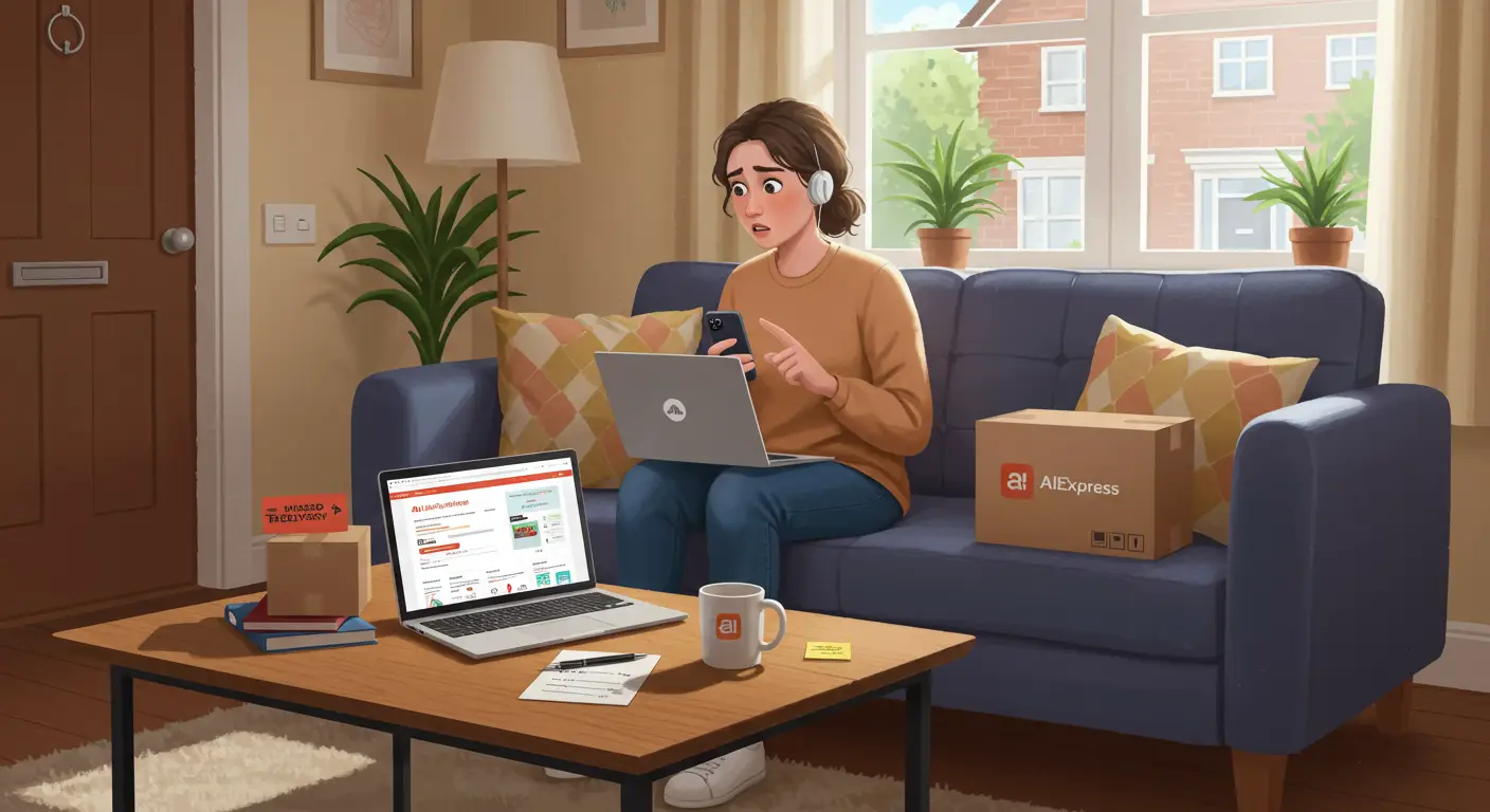 A person looks at a missed delivery notice from a courier while standing next to a parcel locker, with the AliExpress app open on their smartphone.