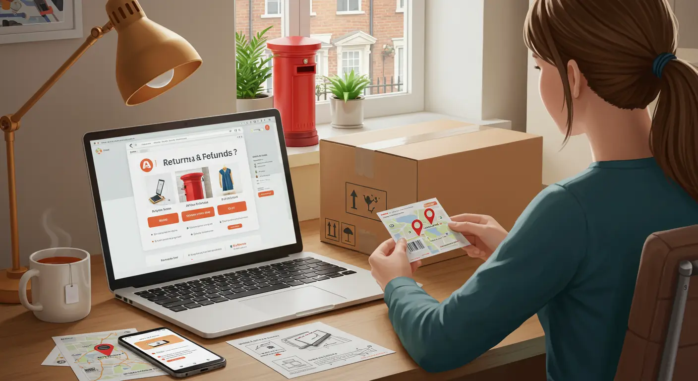 A person packing a parcel with an AliExpress label, preparing to return it, while browsing the AliExpress returns policy on a laptop in a UK home setting.
