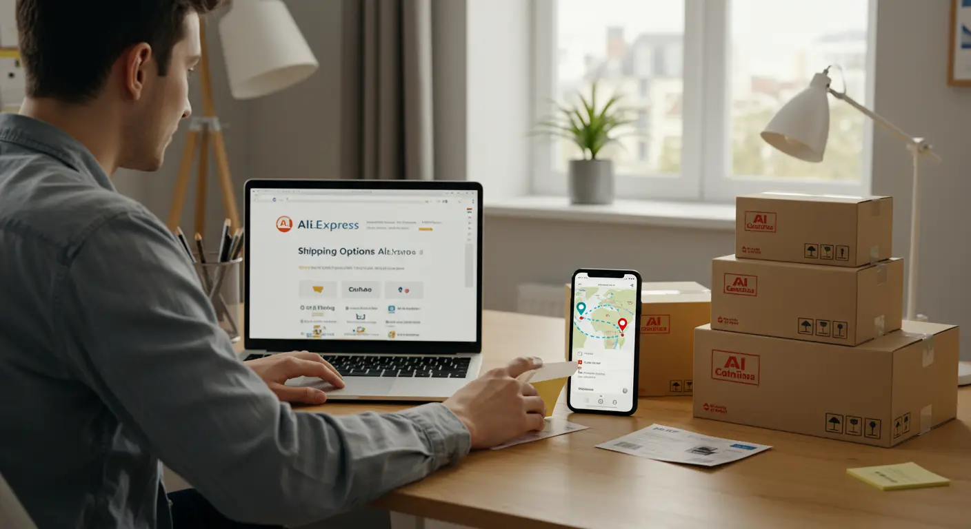 A person receives a package from a courier, with a laptop nearby displaying the AliExpress website and logos of PostNL and Cainiao shown in the background.