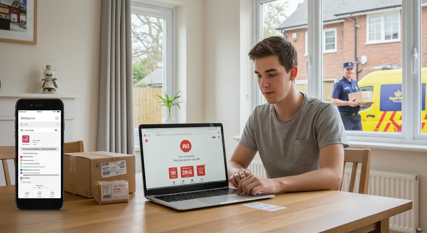 A person receives a small parcel with AliExpress branding through their front door, with a Royal Mail delivery van visible in the background.