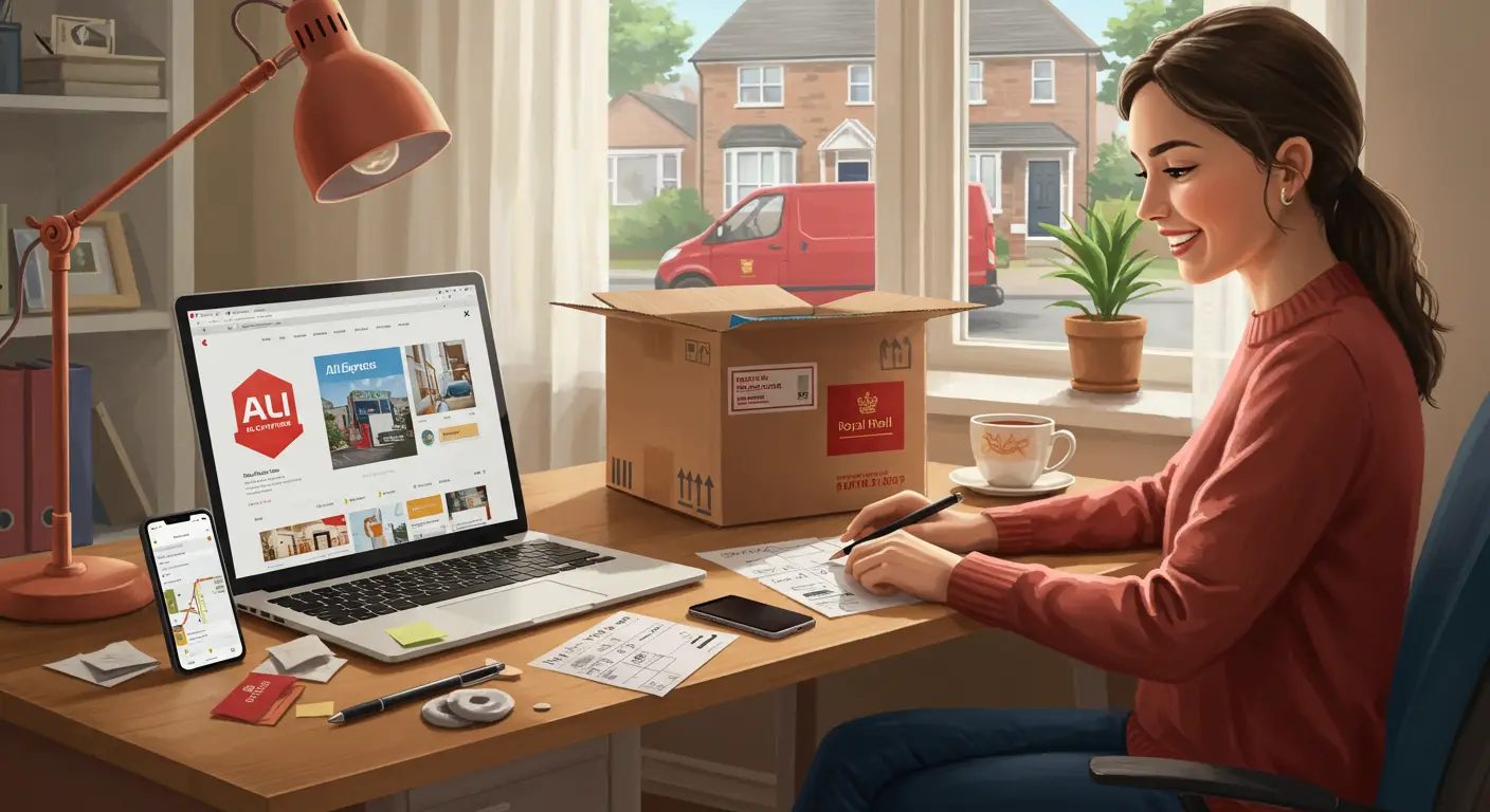 A person receives a small parcel with an AliExpress logo at their doorstep, with a Royal Mail delivery van parked nearby in a UK residential street.