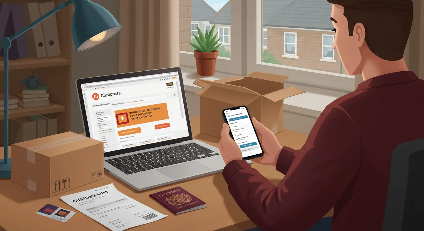 A person reviews a customs charge notice while holding a mobile phone displaying the AliExpress app, with a laptop and shopping parcels visible on the table.