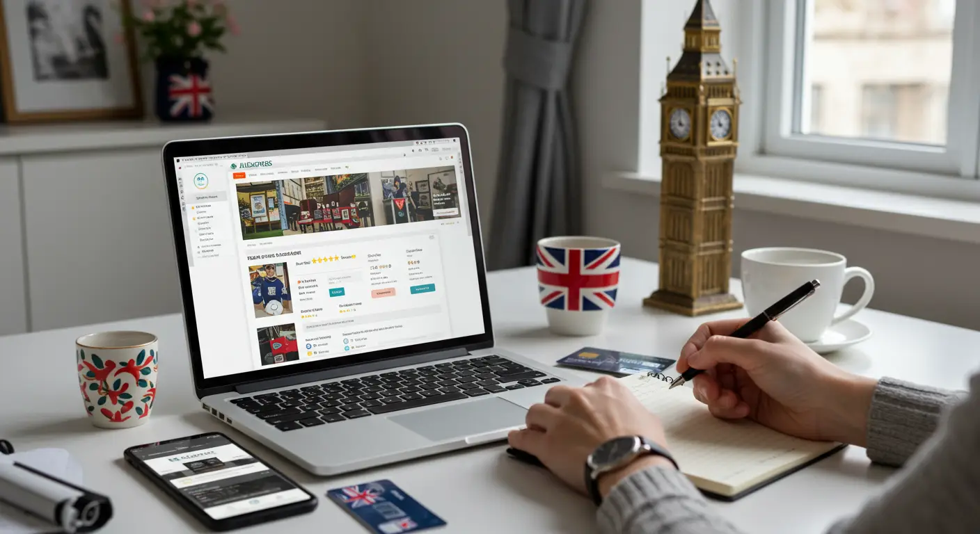 A person reviews a new seller's ratings and customer feedback on AliExpress before placing an online order, with a laptop screen displaying the seller's profile and product details.