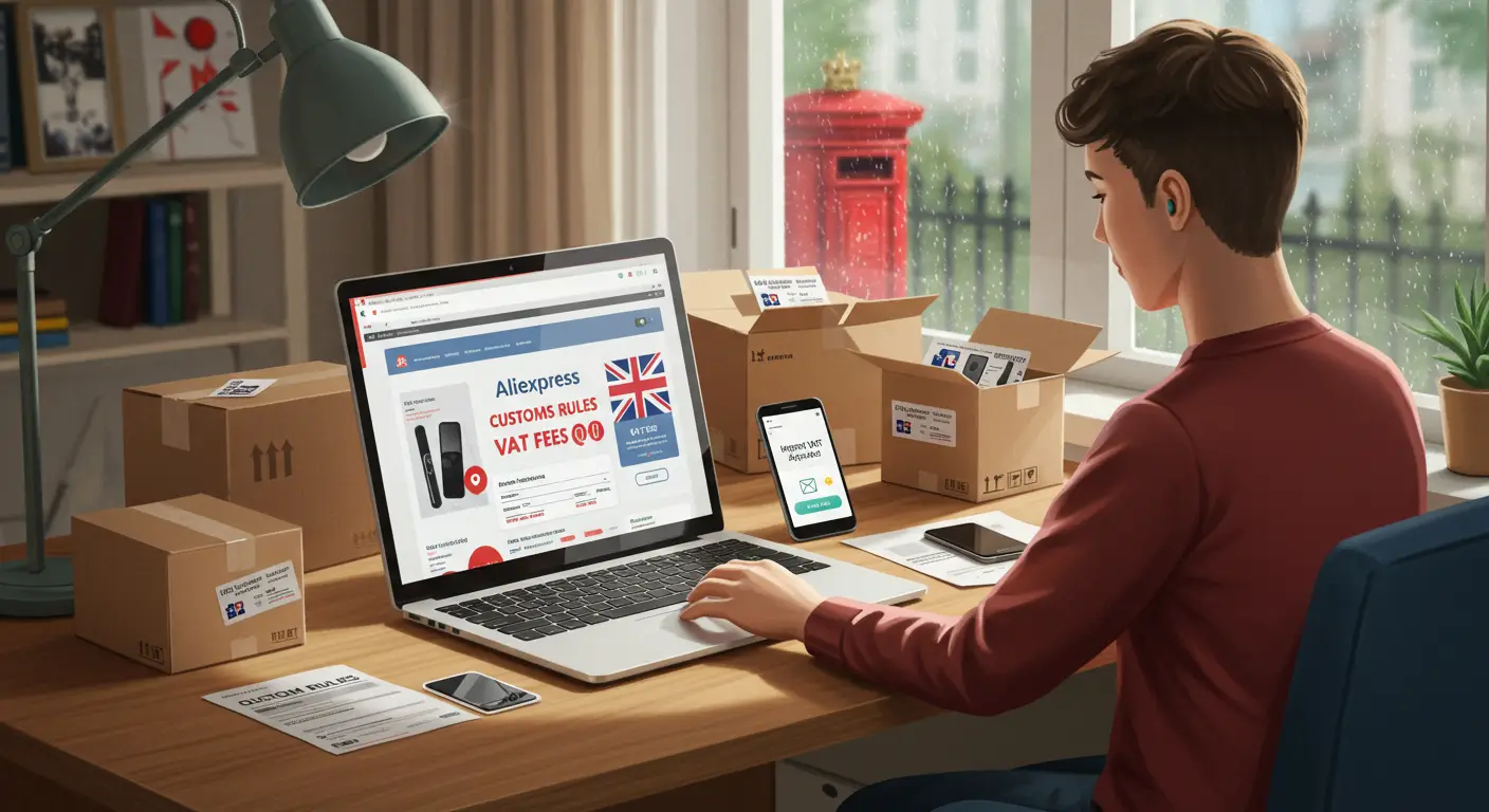 A person reviews a parcel with a customs declaration sticker, alongside a laptop displaying the AliExpress website, highlighting changes to UK customs rules after Brexit.