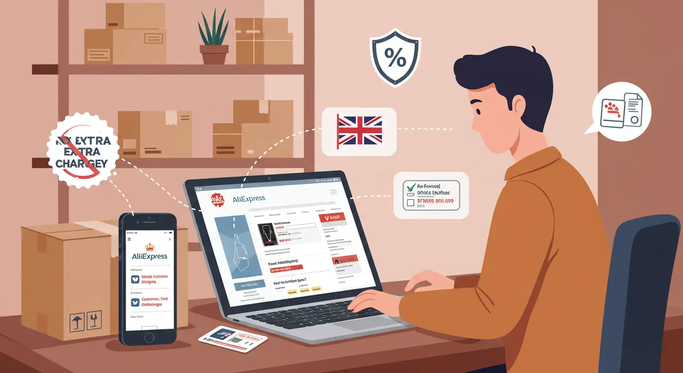 A person reviews a shopping cart on a laptop screen with Aliexpress logo, while surrounded by parcel boxes and a customs charges warning icon.