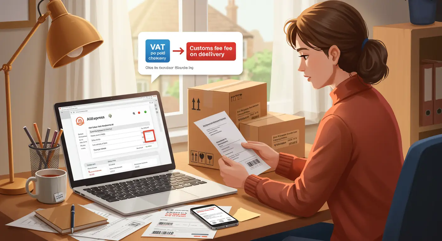 A person reviews an Aliexpress order on their laptop, looking concerned as they notice two separate customs charges listed for a package being delivered to the UK.