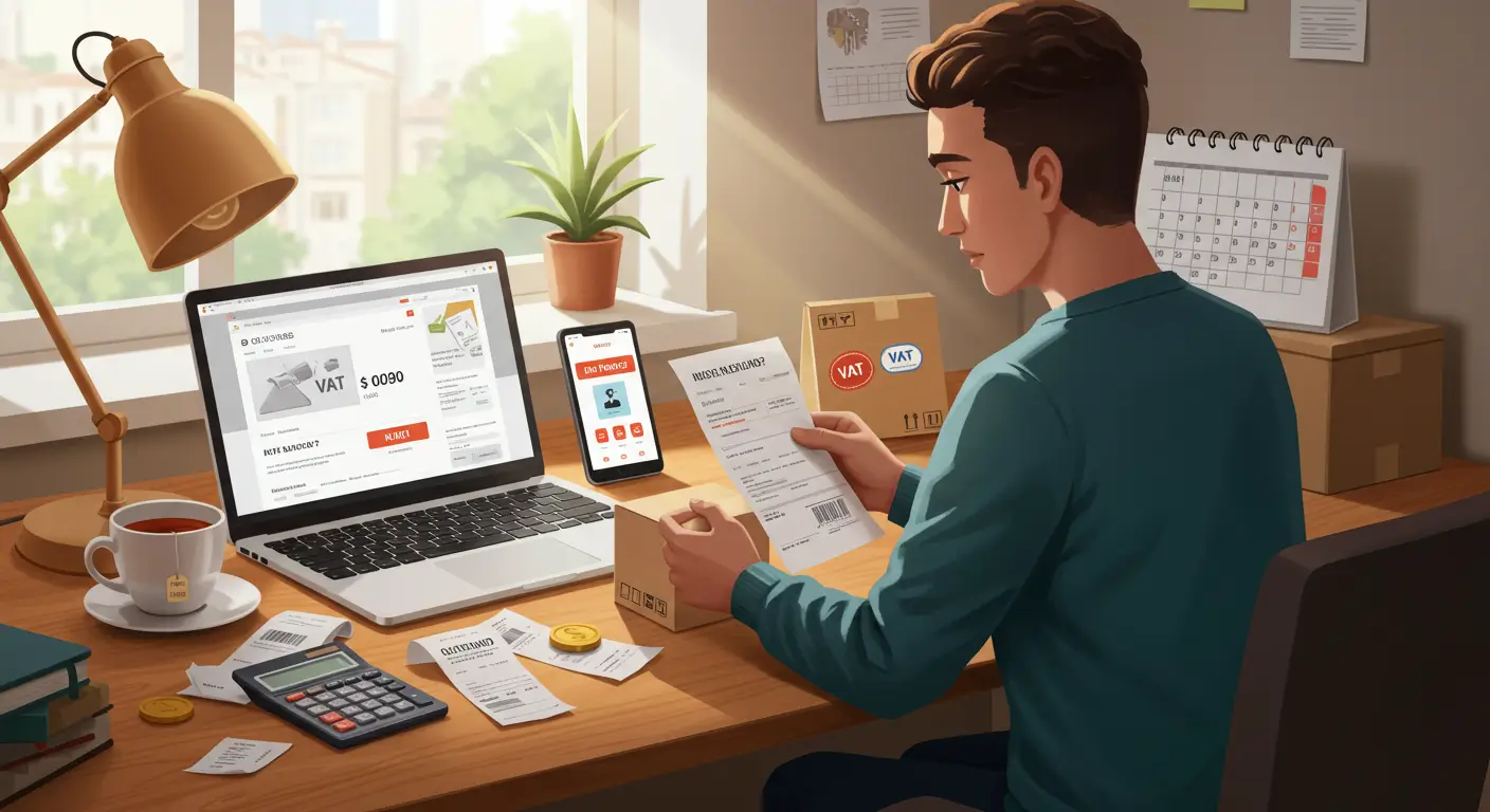 A person reviews an Aliexpress package and VAT invoice on a laptop, looking concerned while holding a credit card, with an online shopping website visible on the screen.