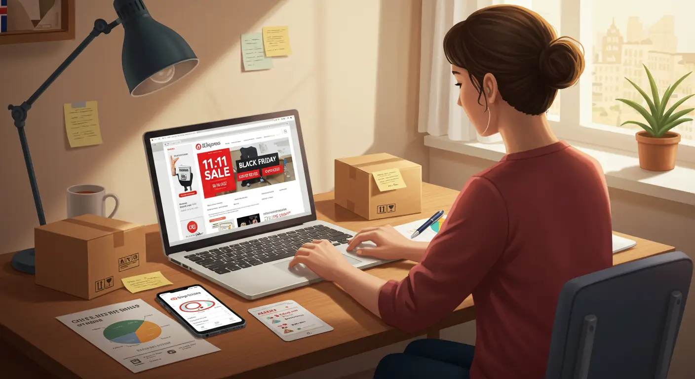 A person reviews shipping options on a laptop while shopping online during a major AliExpress sale event, with delivery icons and sale banners visible on the screen.