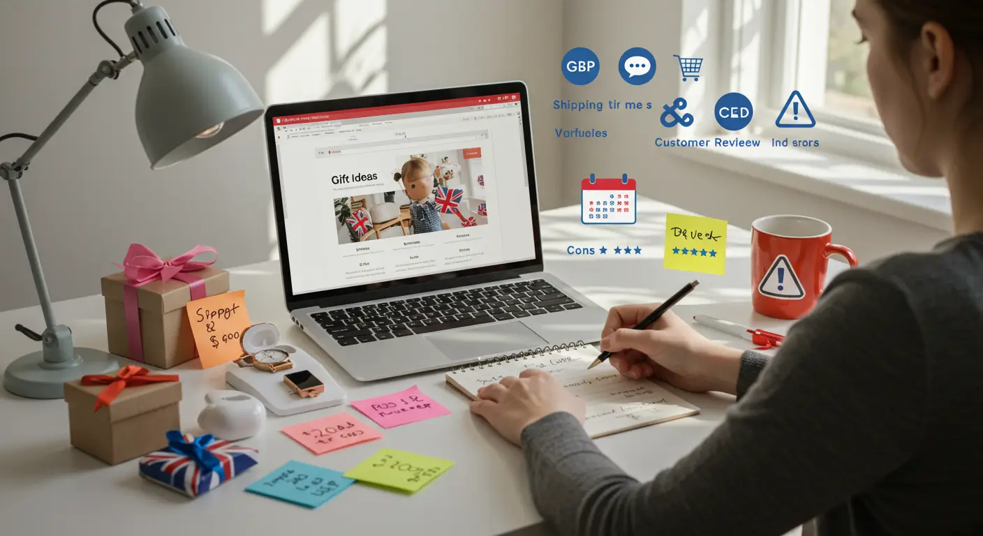 A person sits at a desk browsing the AliExpress website on a laptop, surrounded by gift boxes and shopping bags, highlighting the concept of buying gifts online from AliExpress in the UK.