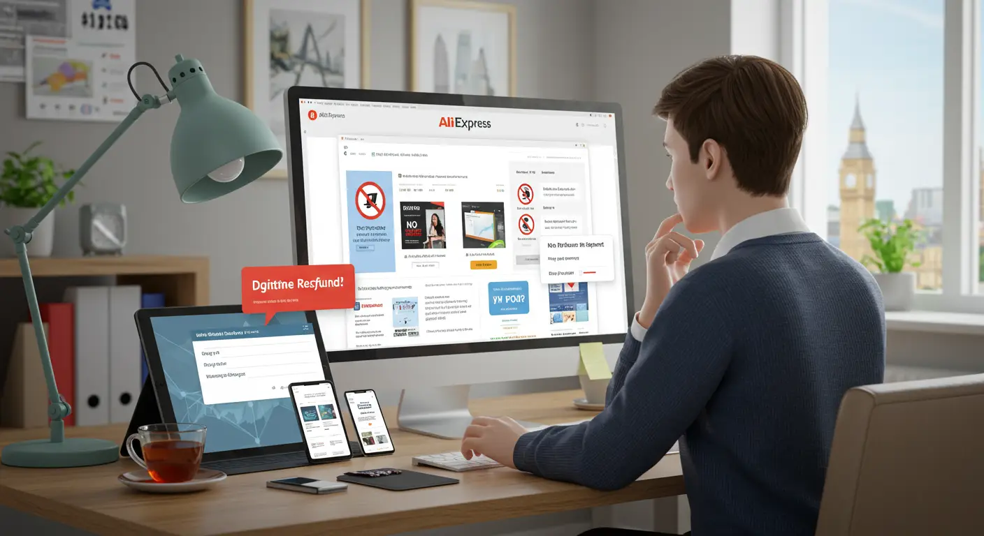 A person sits at a desk browsing the AliExpress website on a laptop, with digital product icons and a refund symbol appearing on the screen.