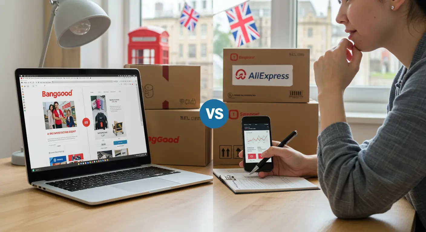 A person sits at a desk comparing the Banggood and AliExpress websites on a laptop, with shopping bags and a credit card nearby.