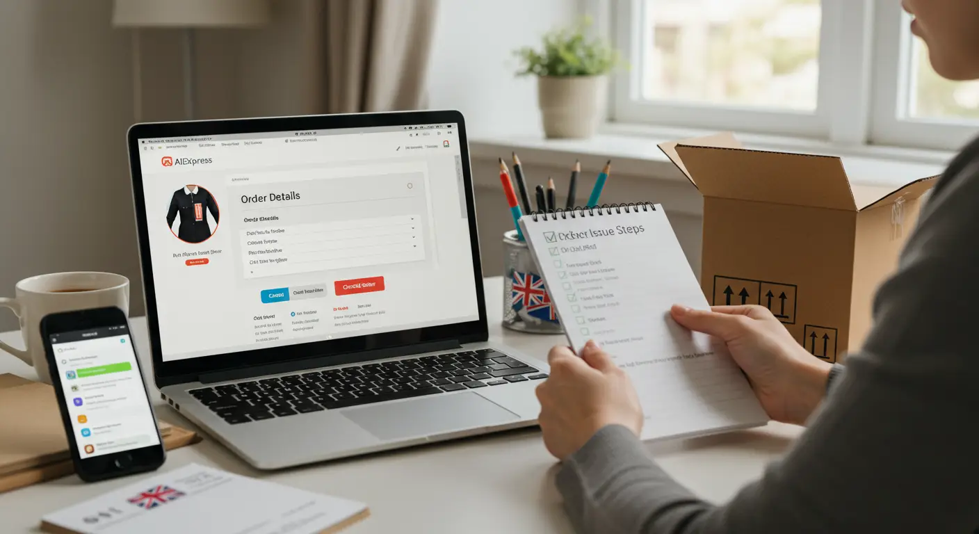A person sits at a desk looking concerned at a laptop screen displaying an AliExpress order summary, with a parcel and a smartphone nearby.