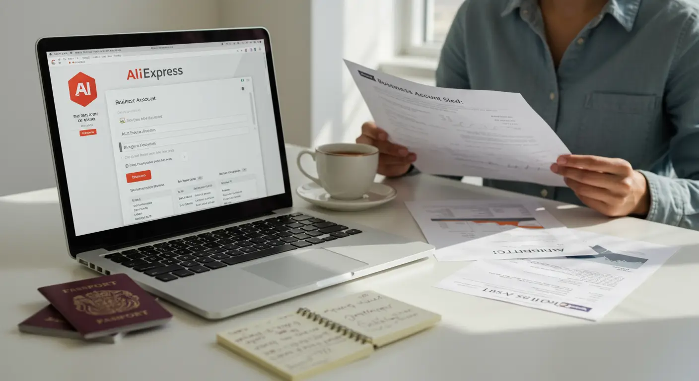 A person sits at a desk using a laptop to browse the AliExpress website, with business documents and a coffee cup nearby, illustrating how to create and manage an AliExpress business account.