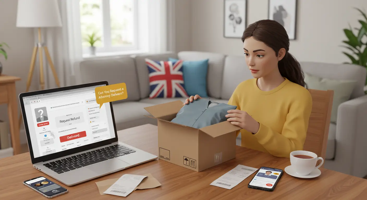 A person sits at a desk with a laptop displaying an online shopping website, holding a credit card and reviewing a recent delivery package; a
