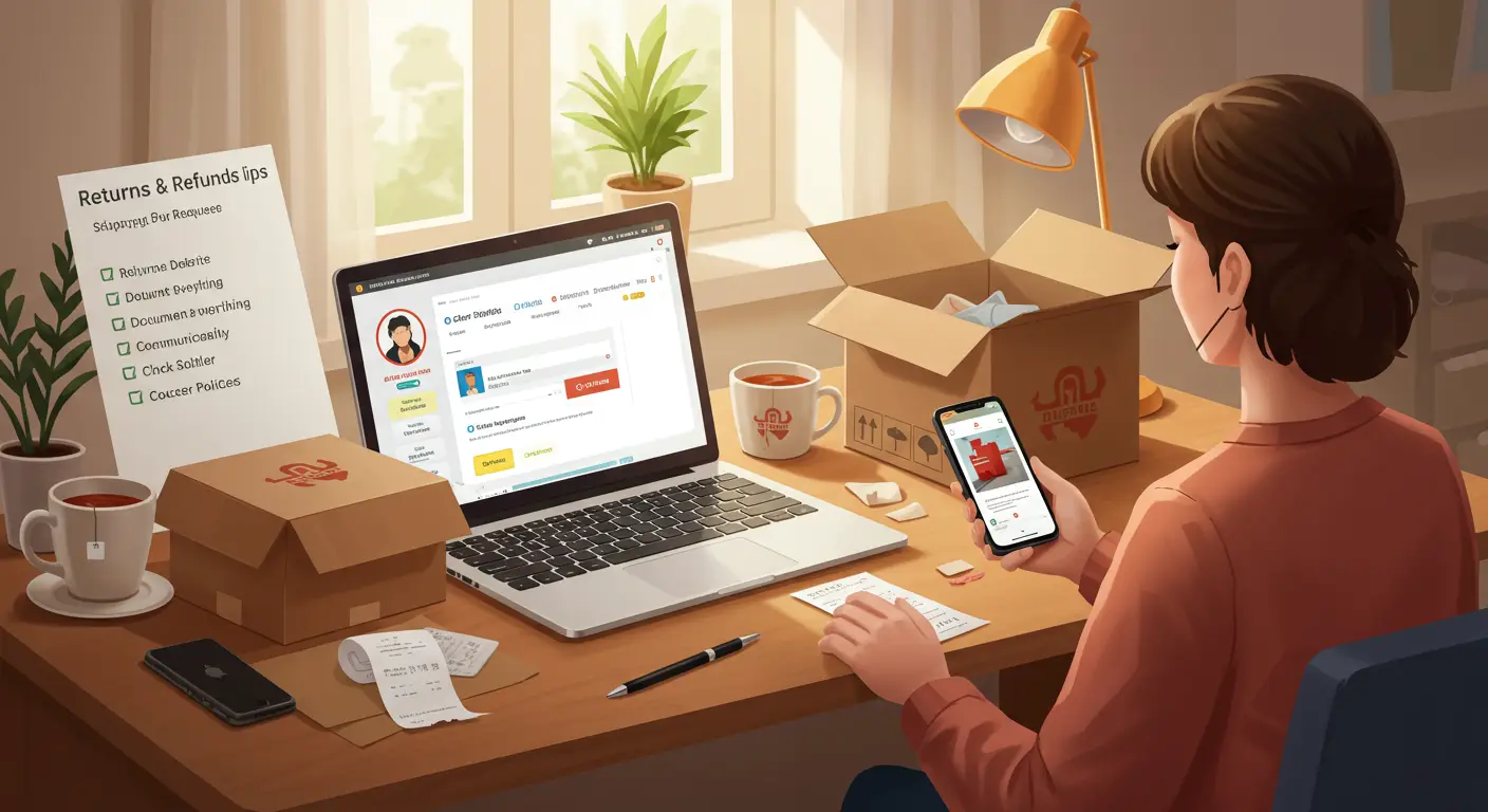 A person sits at a desk with a laptop displaying the AliExpress website, surrounded by notes and a checklist titled