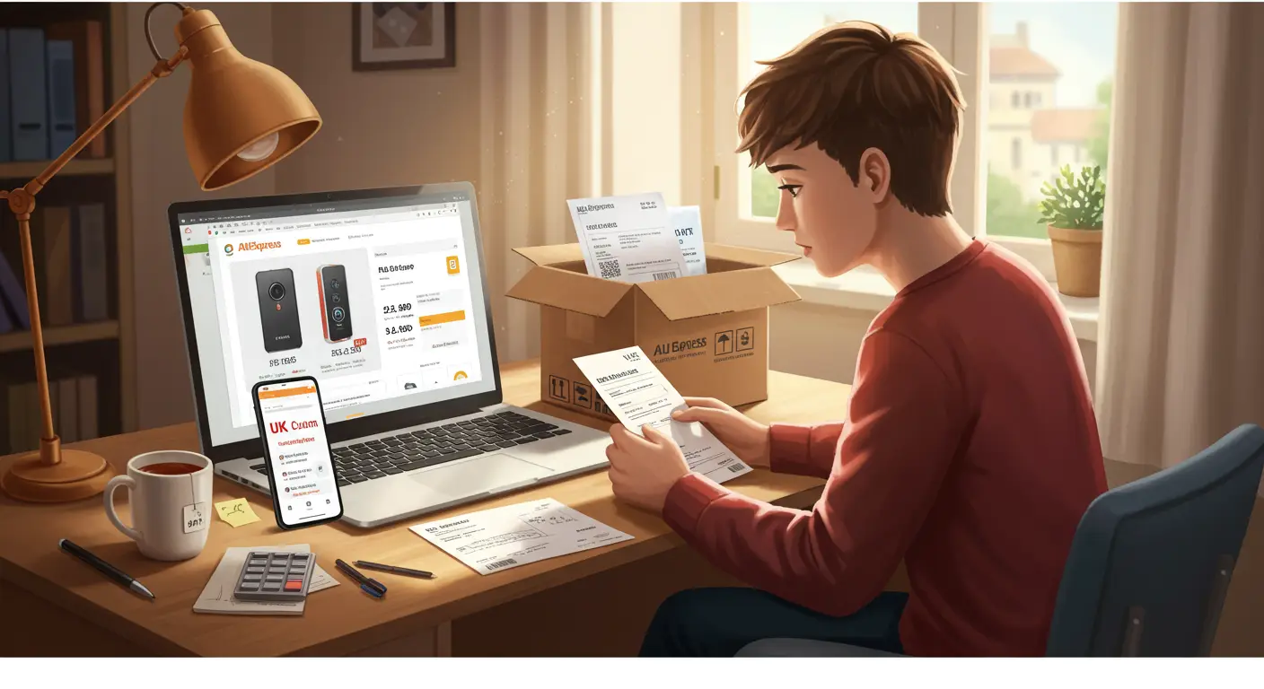 A person sits at a laptop browsing the AliExpress website, with a parcel and UK customs inspection notice beside them, highlighting concerns about online orders being stopped by customs.