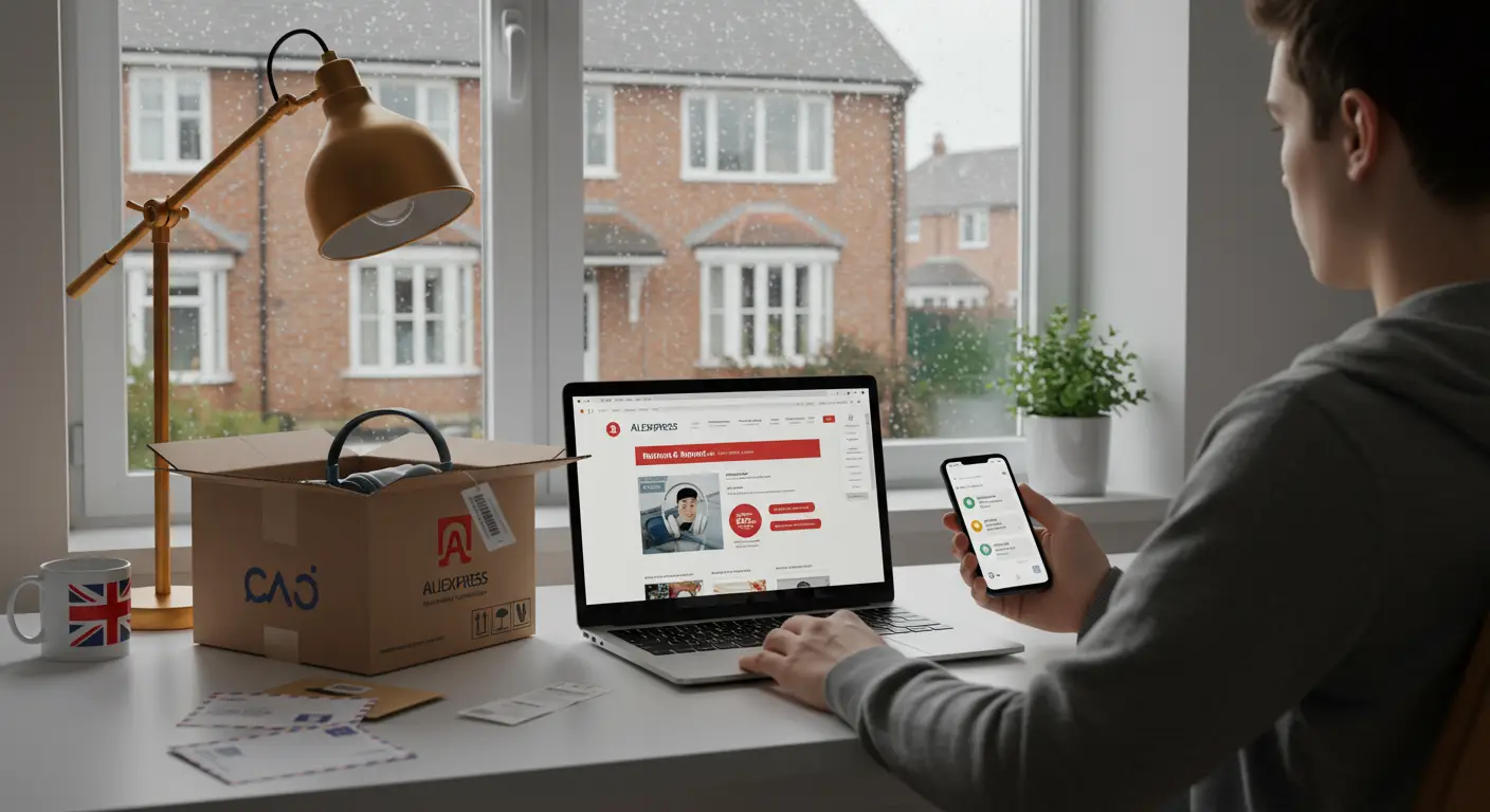 A person sitting at a desk with a laptop open to the AliExpress website, reviewing return FAQs, with a parcel and receipt nearby.